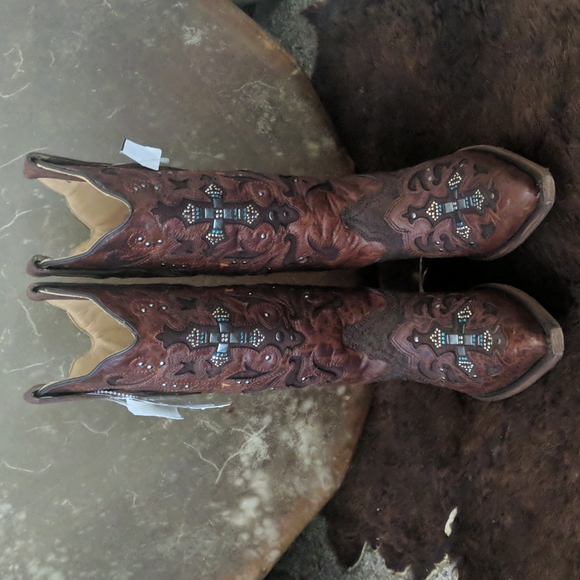 CORRAL C1104 Distressed brown/python cowgirl boots blingy cross snip toe sz6 NWT - Picture 9 of 15